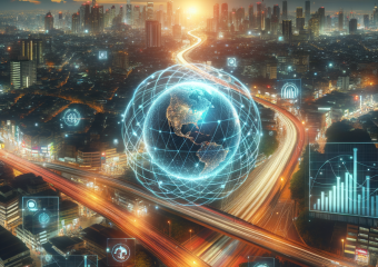 Futuristic smart city at sunset with digital overlays representing a GEO Marketing Platform.