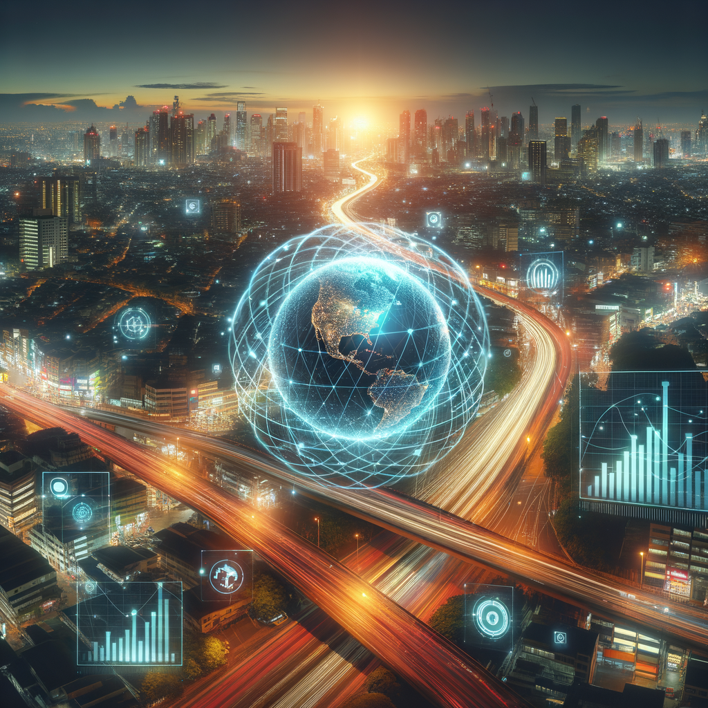 Futuristic smart city at sunset with digital overlays representing a GEO Marketing Platform.
